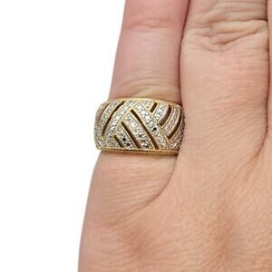 PAJ BB China Signed Gold‑Plated Criss‑Cross Rhinestone Statement Ring, Size 7